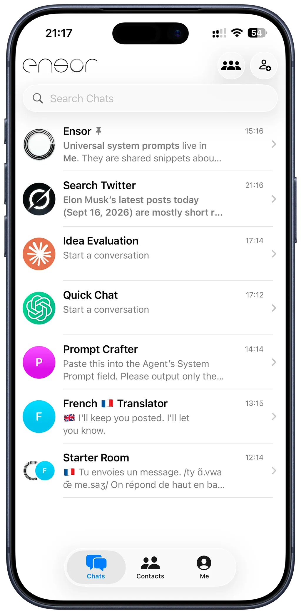 Ensor chats list on iPhone with AI contacts for search, idea evaluation, translation and a group chat