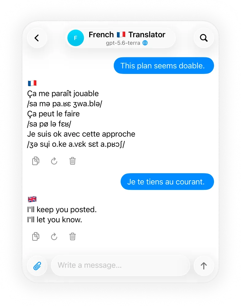 The French translator AI contact replying with translations and pronunciation