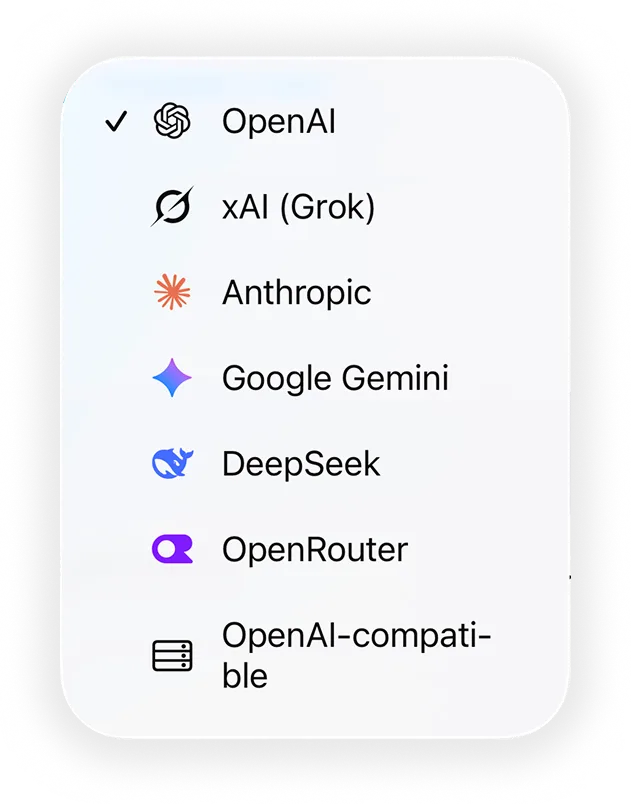 Provider picker in Ensor: OpenAI, xAI (Grok), Anthropic, Google Gemini, DeepSeek, OpenRouter, OpenAI-compatible